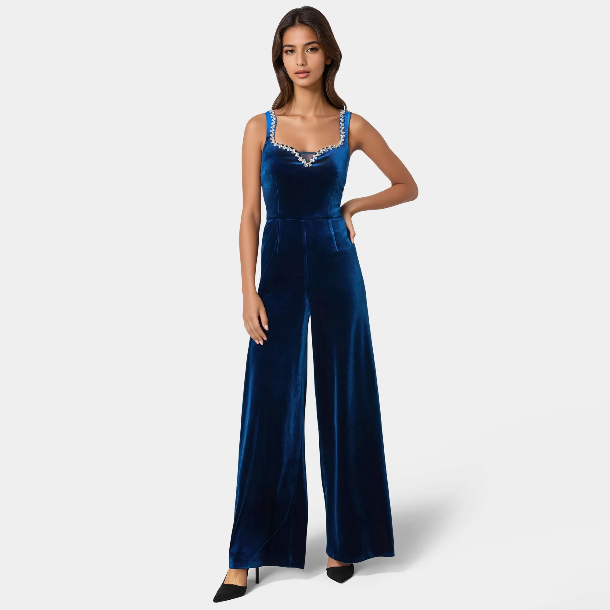 Bebe Women's Embellished Neckline Ultra Wide Leg Jumpsuit
