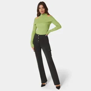 Bebe Women's High Waist Straight Leg Patch Pocket Knit Pant