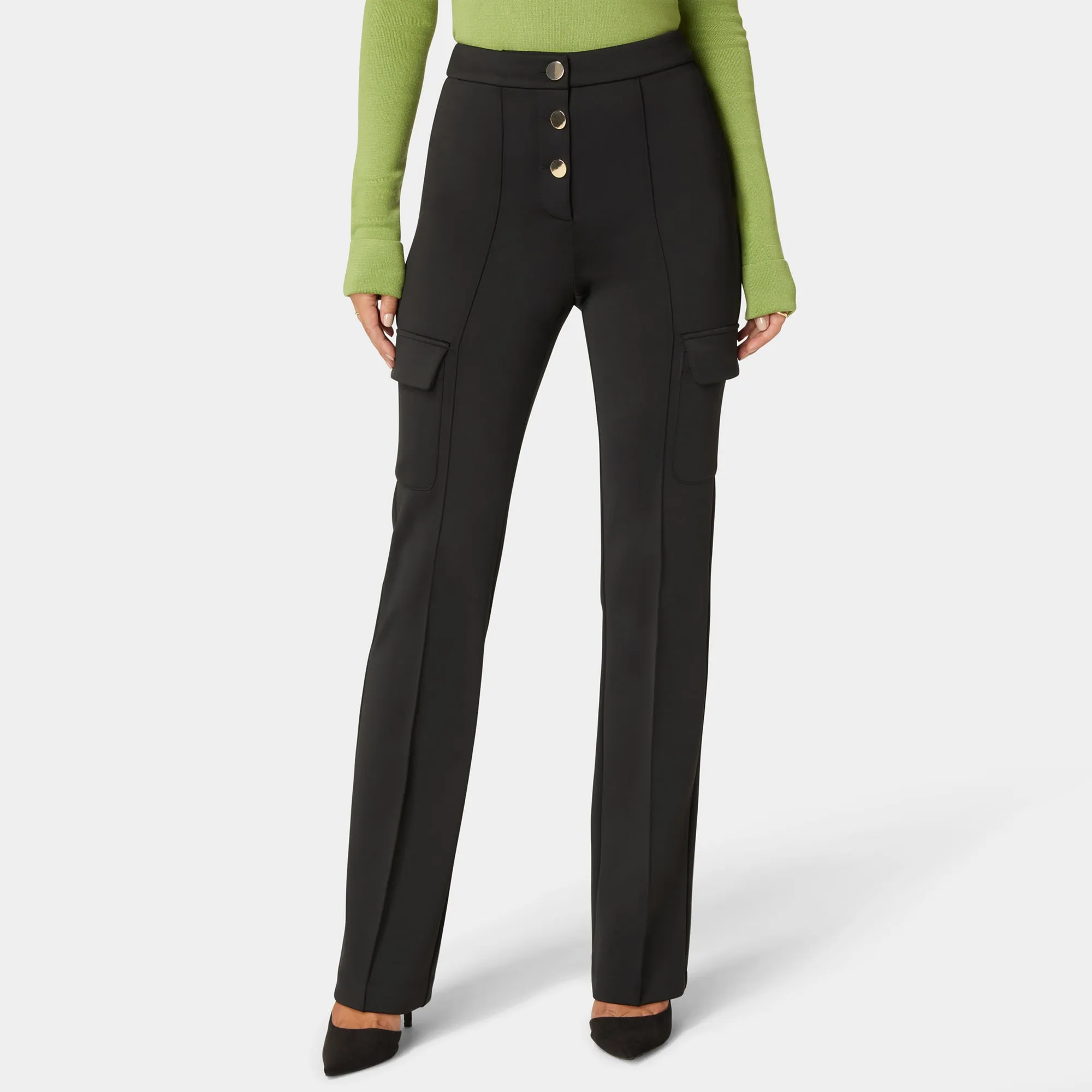 Bebe Women's High Waist Straight Leg Patch Pocket Knit Pant
