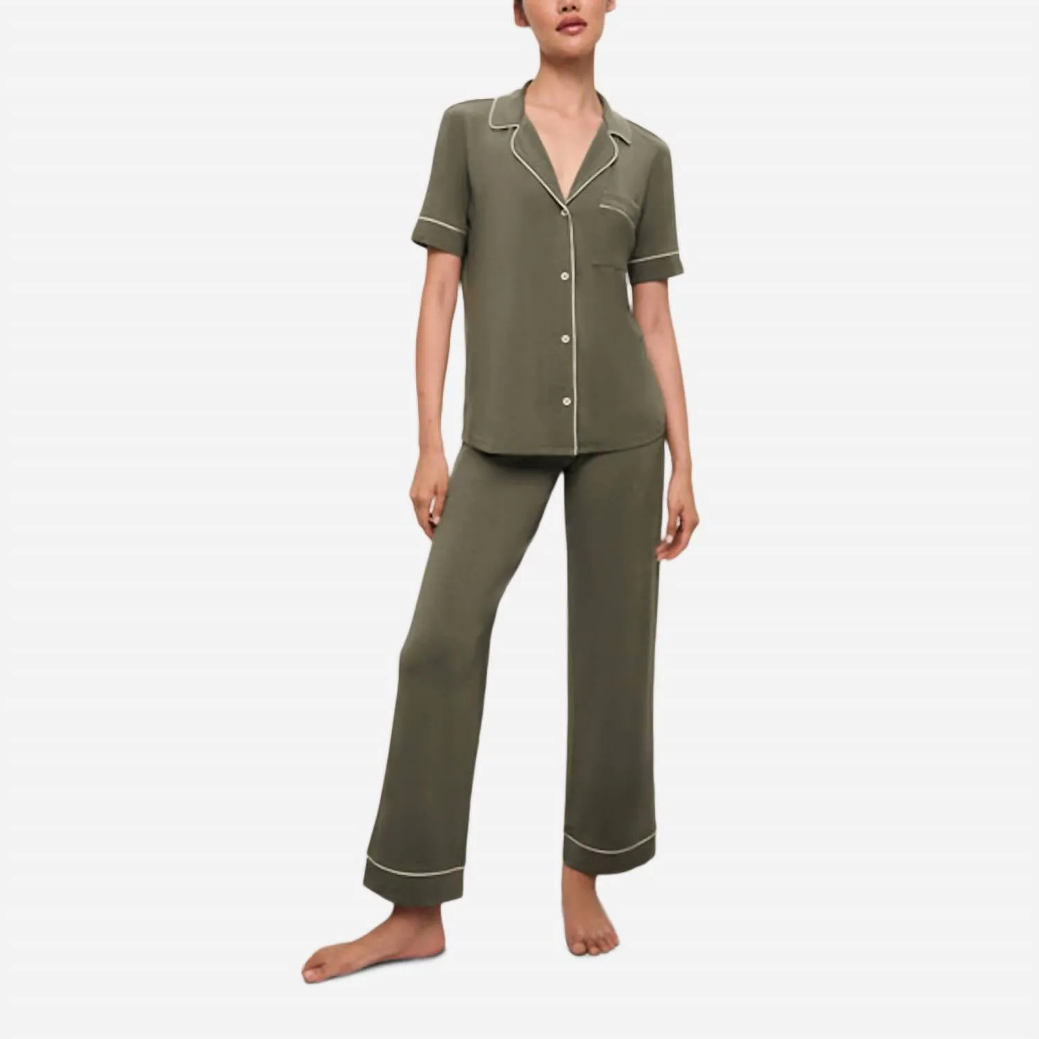 Gisele Tencel Modal Short Sleeve & Pant Pj Set In Moss / Ivory