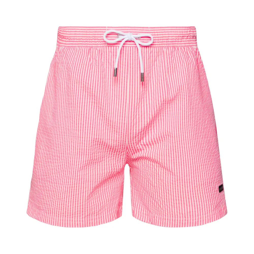 Hugo Boss Men's Velvetfish Pink Striped Seersucker Swim Trunks, Large