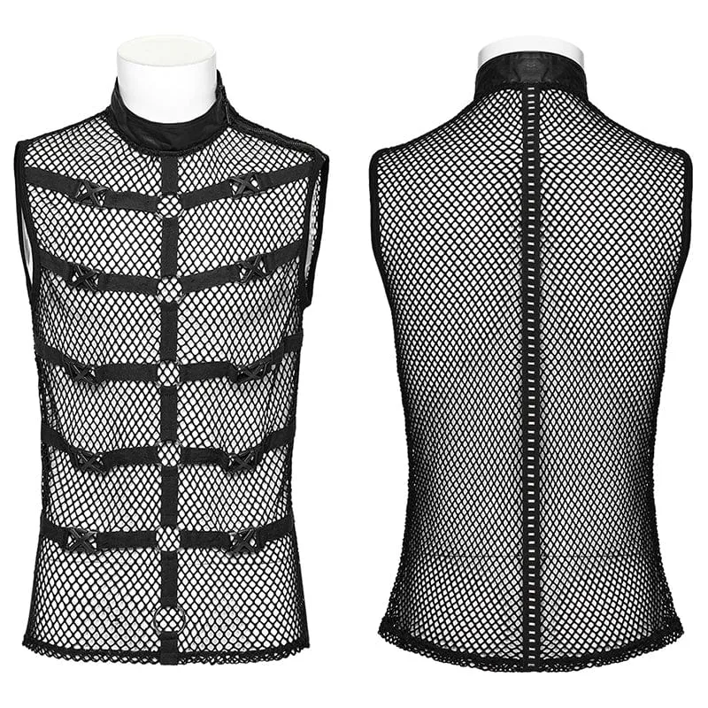 Men's Punk Rock Stand Collar Buckle Straps Mesh Tank Top