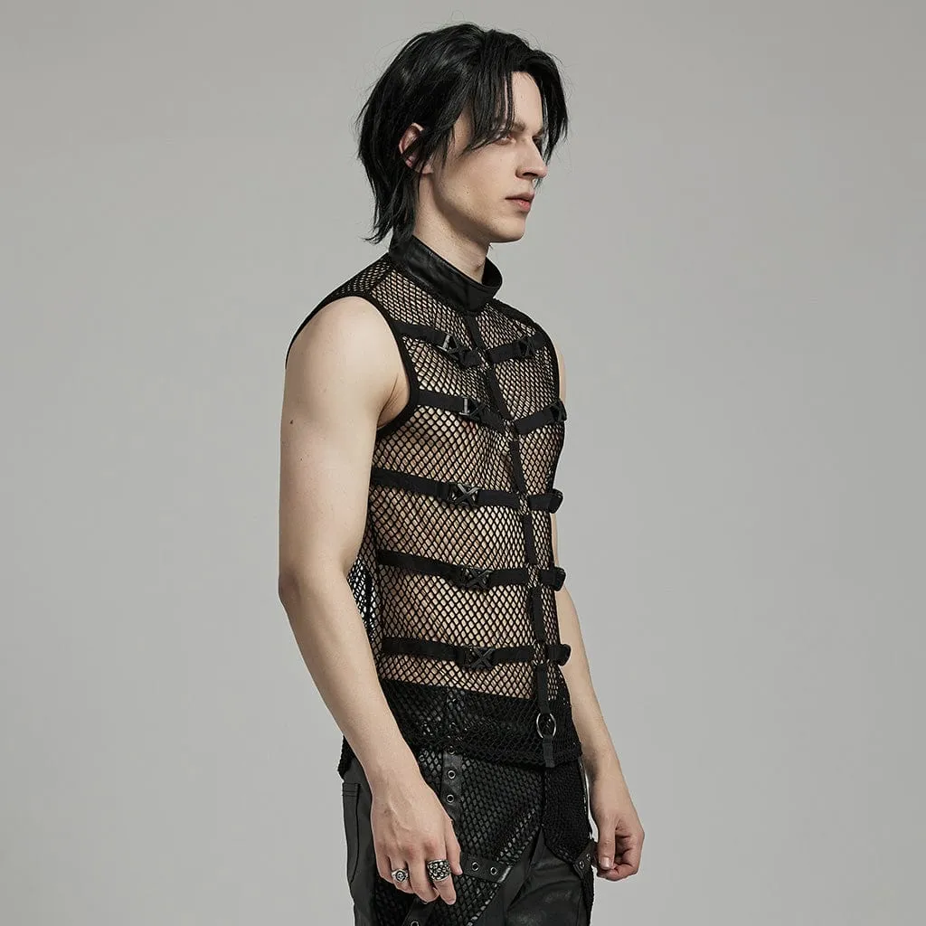 Men's Punk Rock Stand Collar Buckle Straps Mesh Tank Top