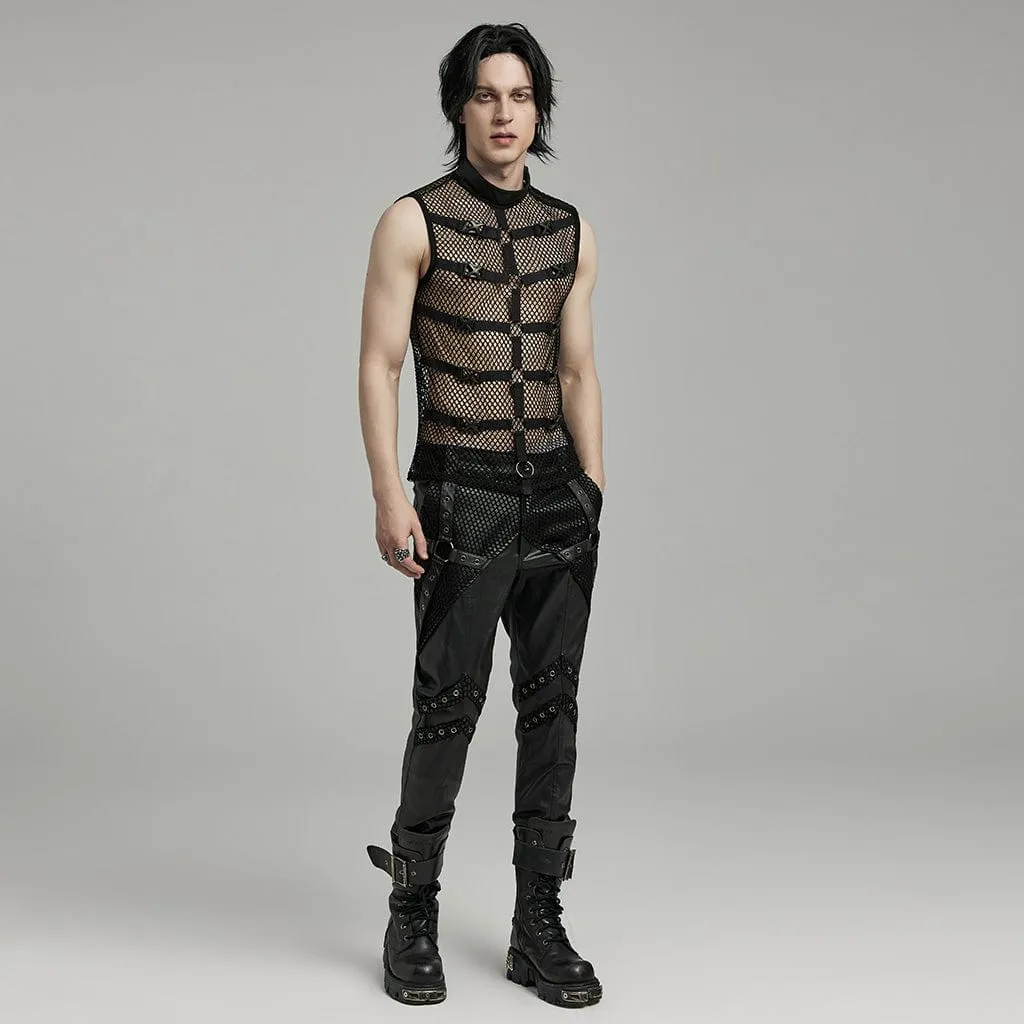 Men's Punk Rock Stand Collar Buckle Straps Mesh Tank Top