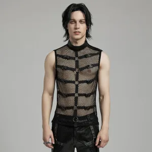 Men's Punk Rock Stand Collar Buckle Straps Mesh Tank Top
