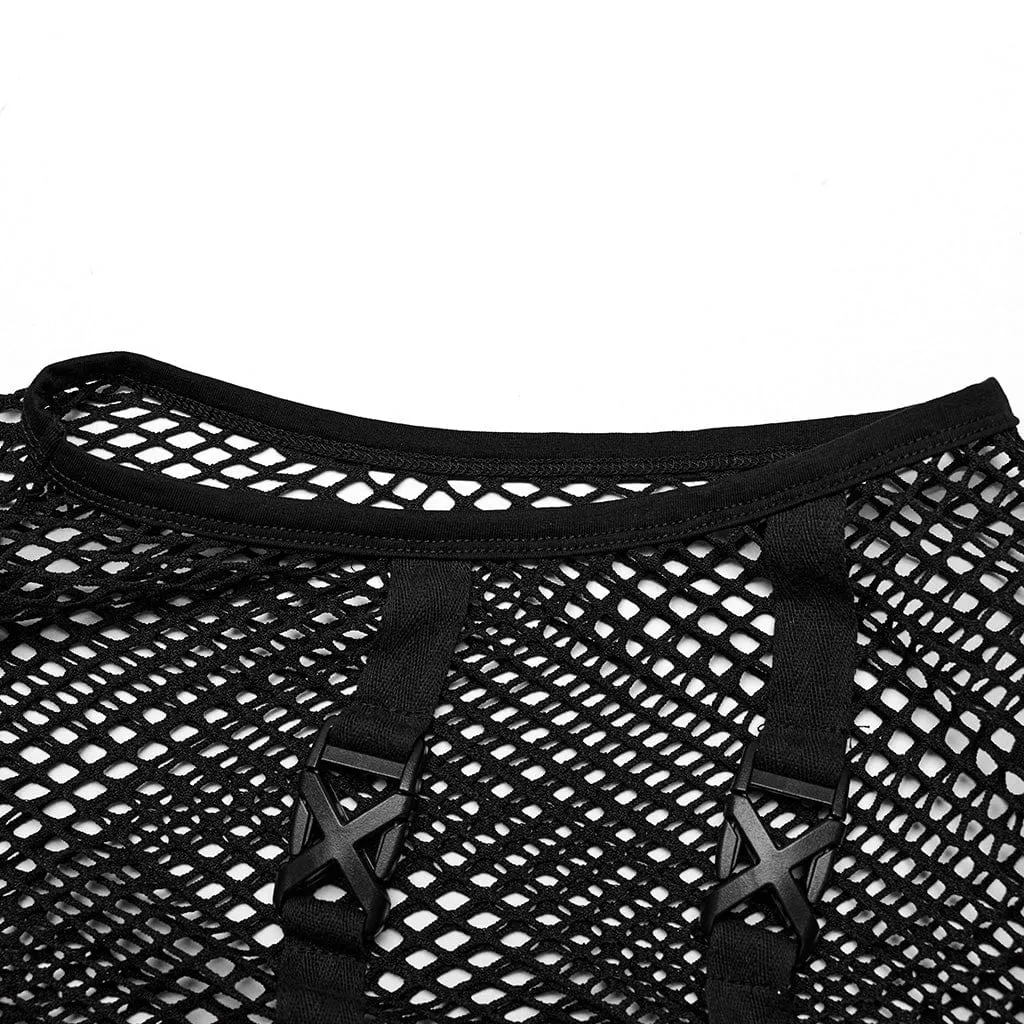 Men's Punk Rock Stand Collar Buckle Straps Mesh Tank Top