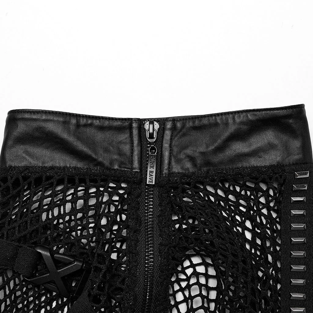 Men's Punk Rock Stand Collar Buckle Straps Mesh Tank Top