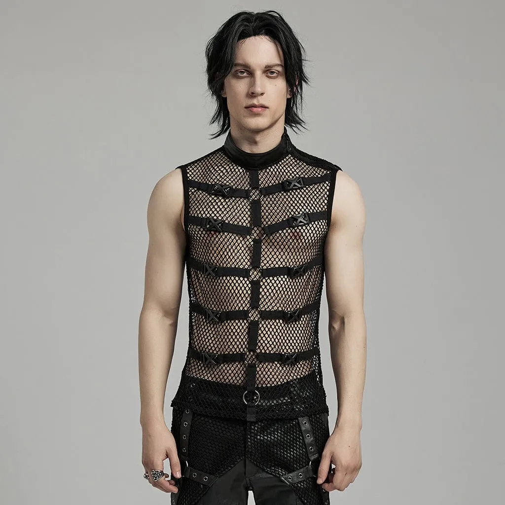 Men's Punk Rock Stand Collar Buckle Straps Mesh Tank Top