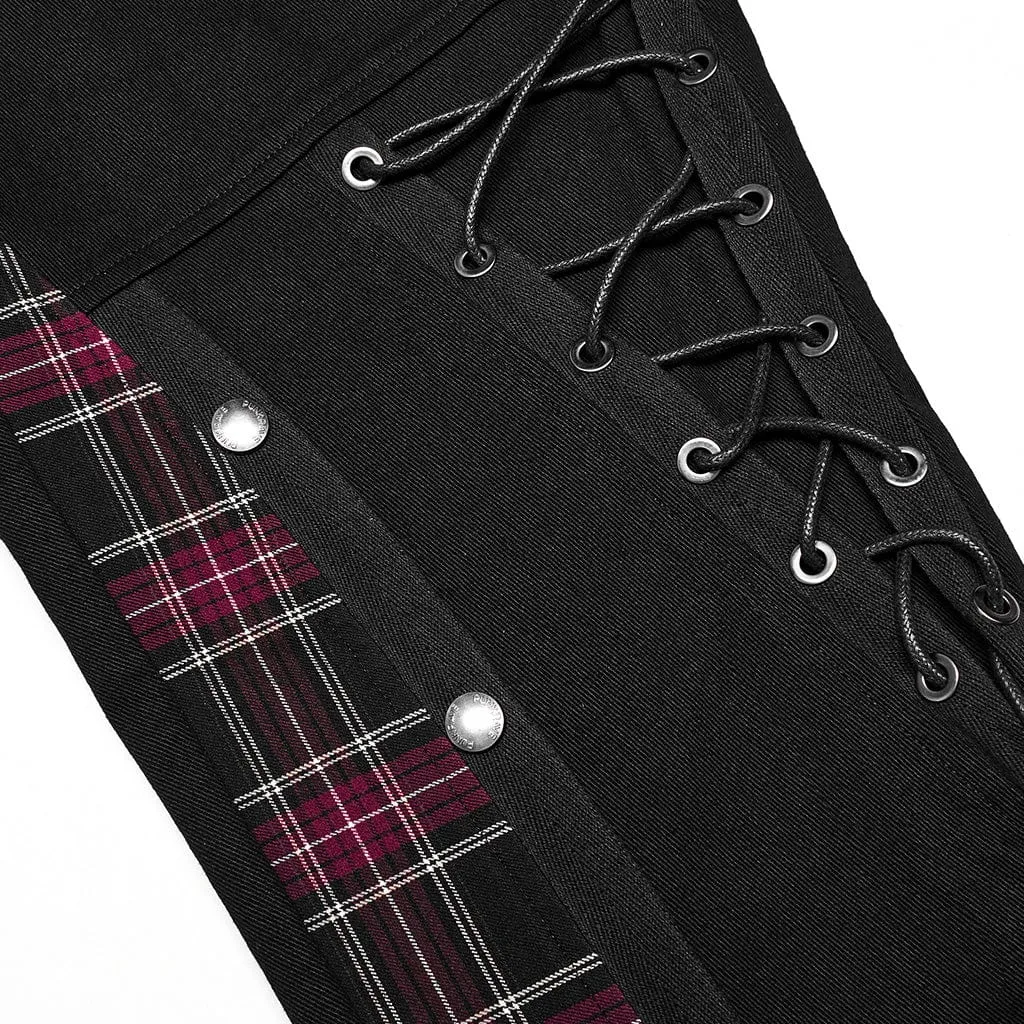 Men's Punk Strappy Plaid Splice Pants with Straps