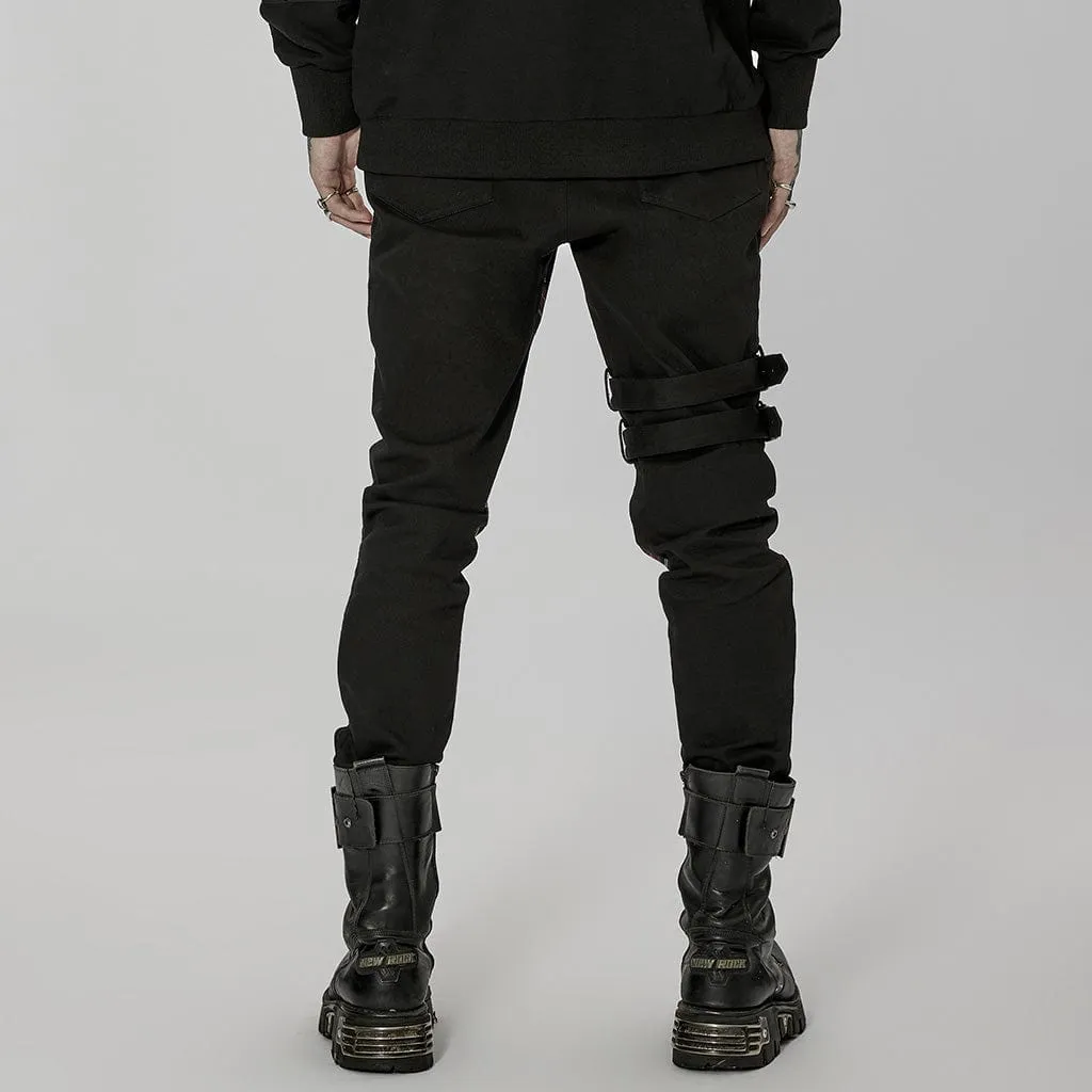 Men's Punk Strappy Plaid Splice Pants with Straps