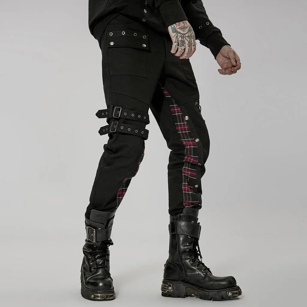 Men's Punk Strappy Plaid Splice Pants with Straps