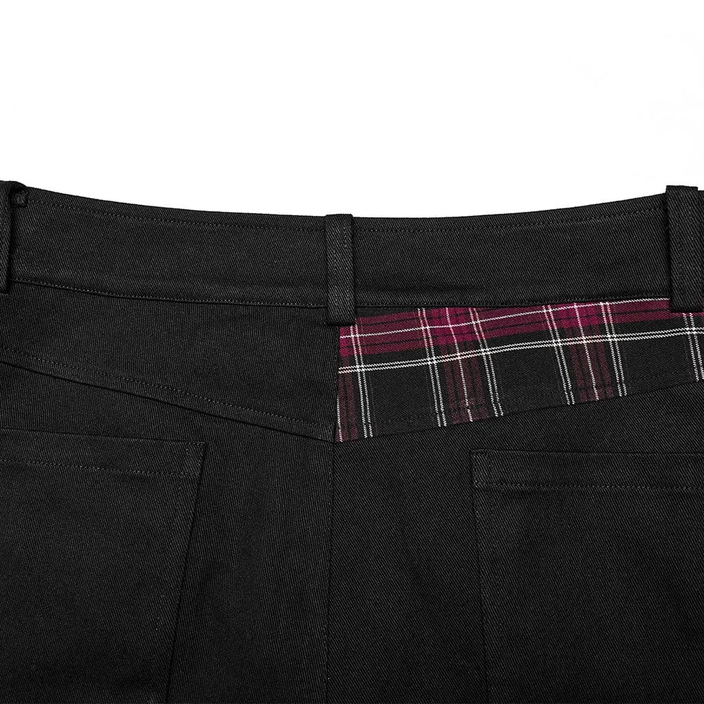 Men's Punk Strappy Plaid Splice Pants with Straps