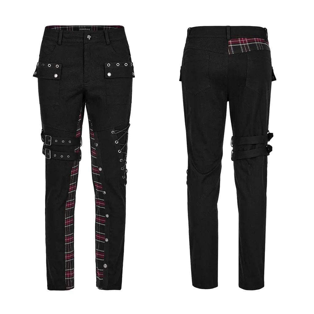 Men's Punk Strappy Plaid Splice Pants with Straps