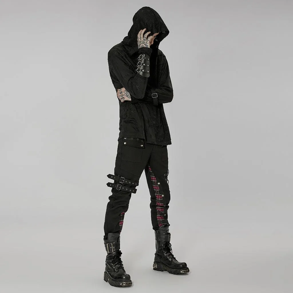 Men's Punk Strappy Plaid Splice Pants with Straps