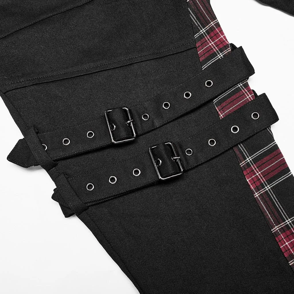 Men's Punk Strappy Plaid Splice Pants with Straps