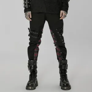 Men's Punk Strappy Plaid Splice Pants with Straps