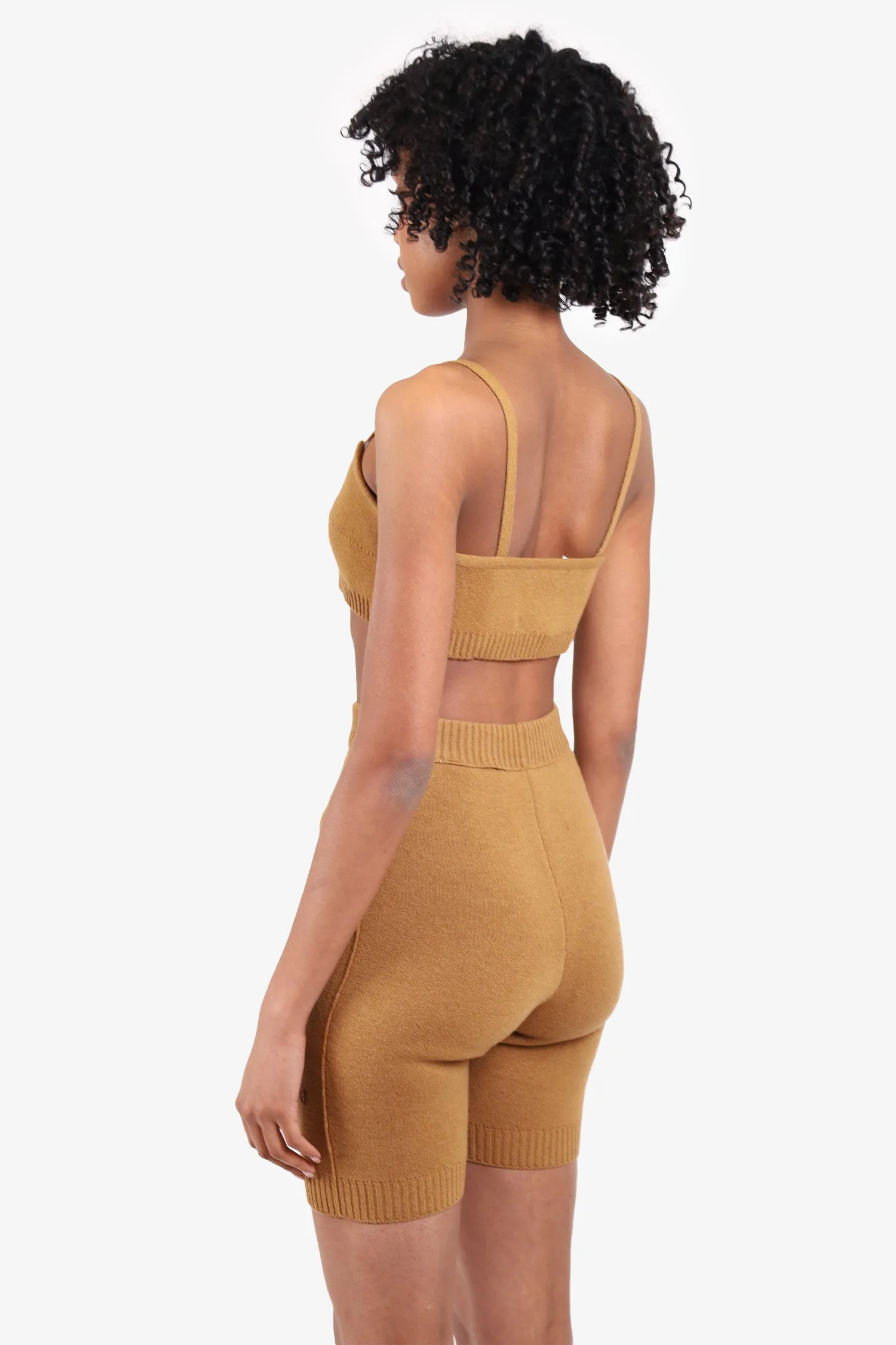Off-White Tan Wool Knit Bra Top   Embroidered Bermuda Shorts Size XXS