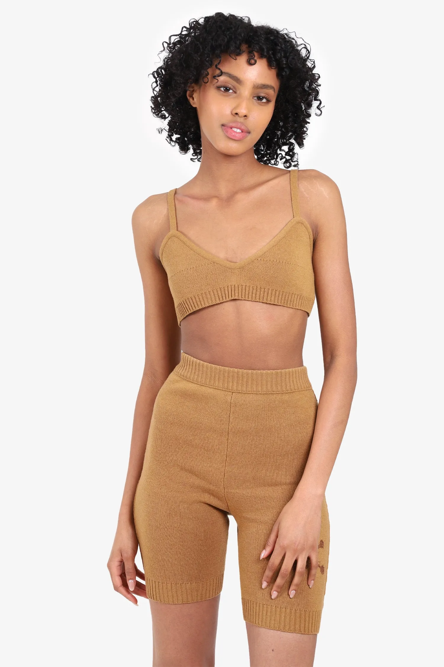 Off-White Tan Wool Knit Bra Top   Embroidered Bermuda Shorts Size XXS