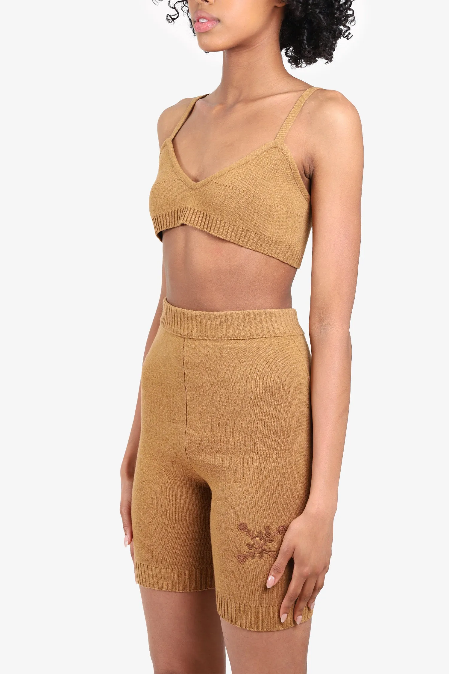 Off-White Tan Wool Knit Bra Top   Embroidered Bermuda Shorts Size XXS