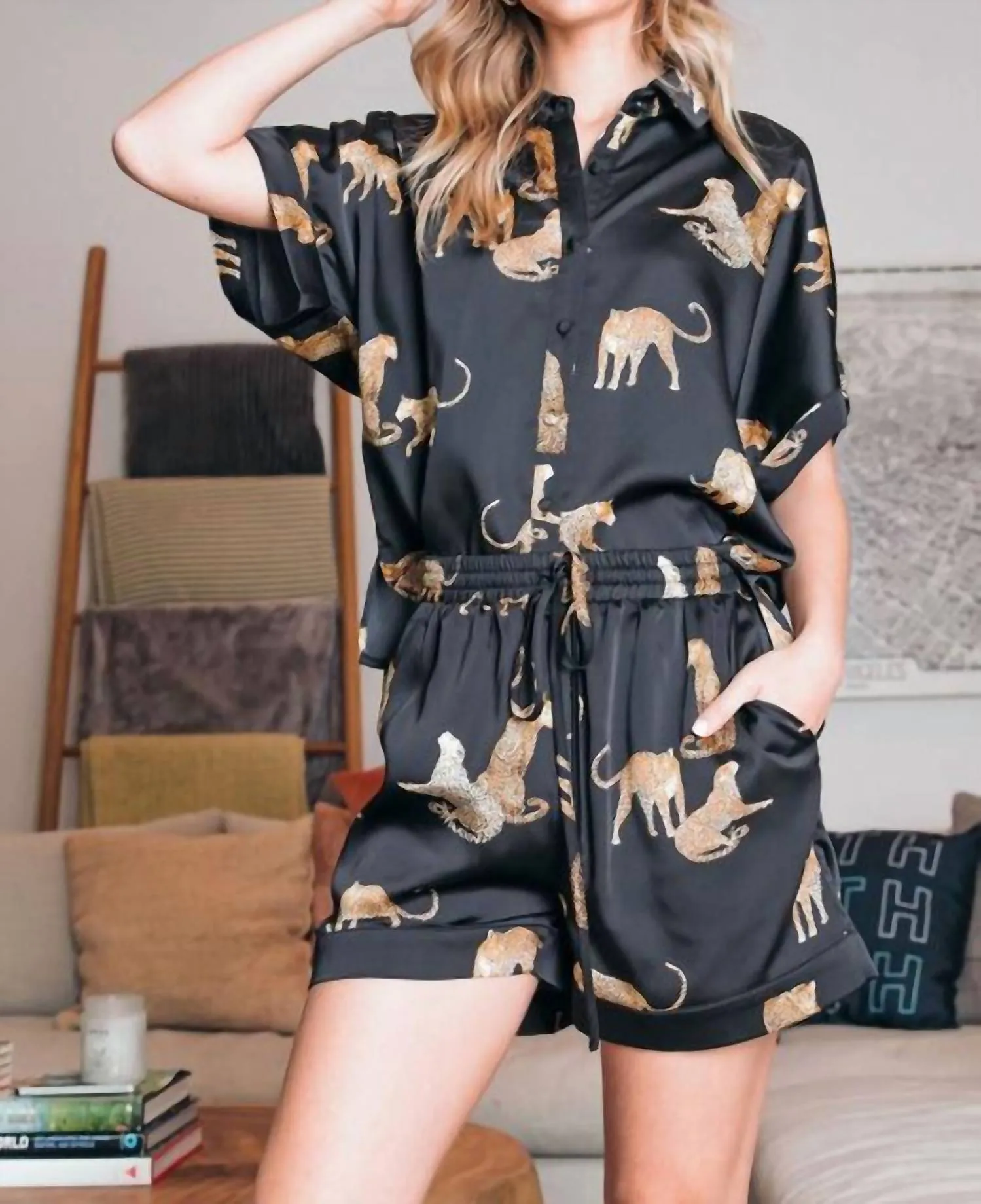 Party Animal Leopard Print Satin Set In Black