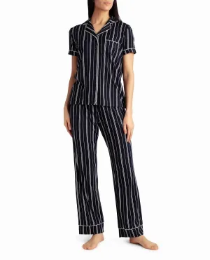 Peached Jersey Shirt And Pant Two Piece Sleepwear Set In Stormy Night Vertical Stripe