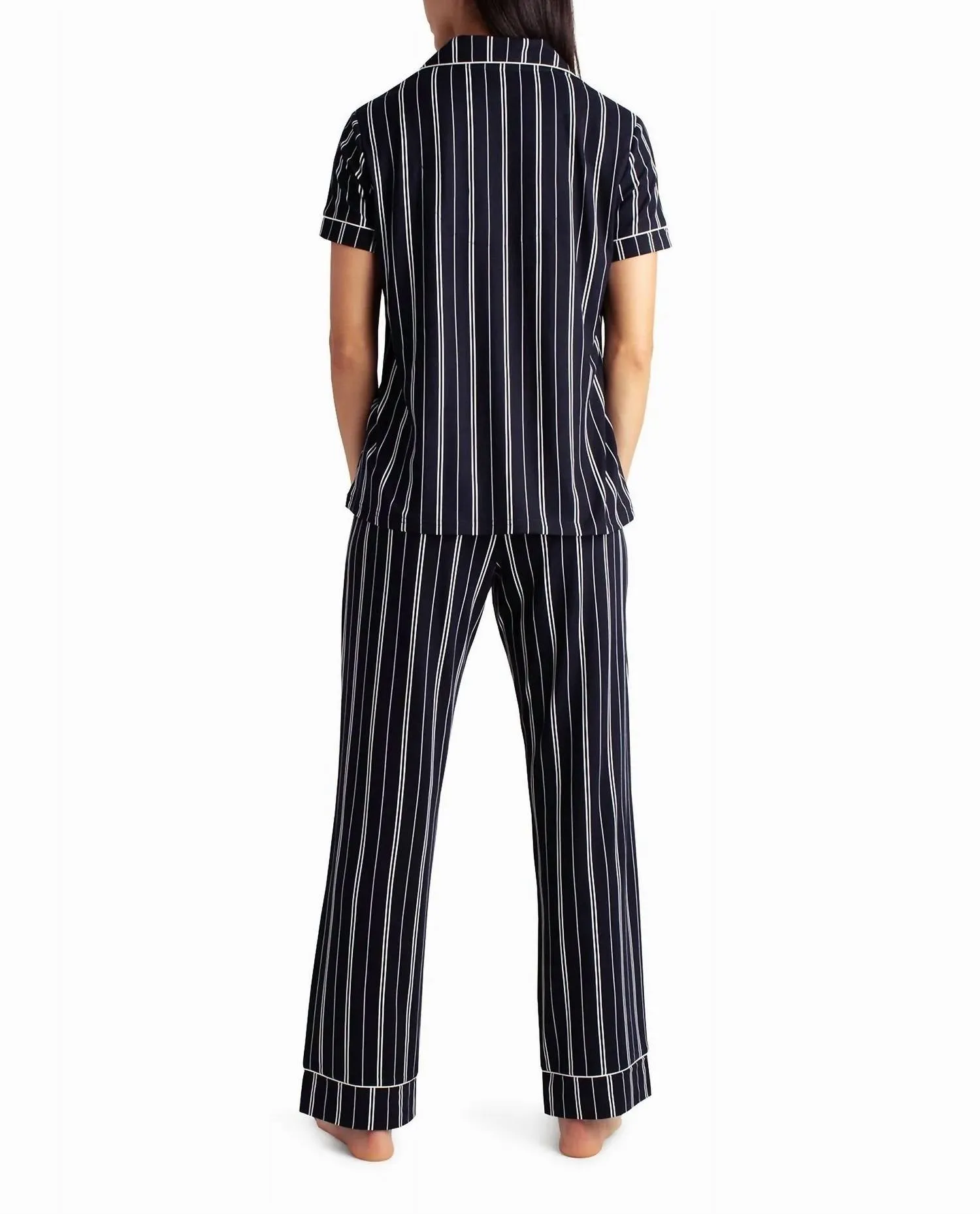 Peached Jersey Shirt And Pant Two Piece Sleepwear Set In Stormy Night Vertical Stripe
