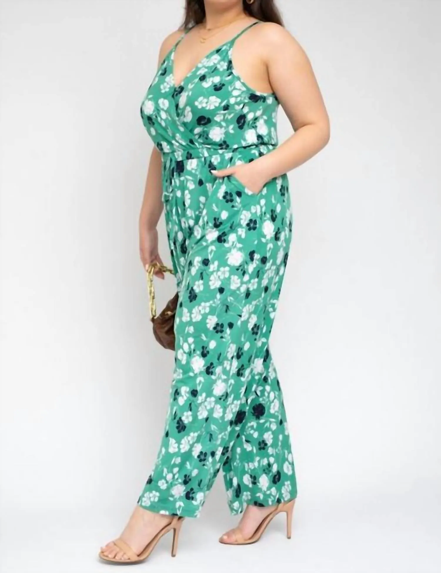 Plus Surplice Elastic Waist Jumpsuit In Green Ivory Flowers