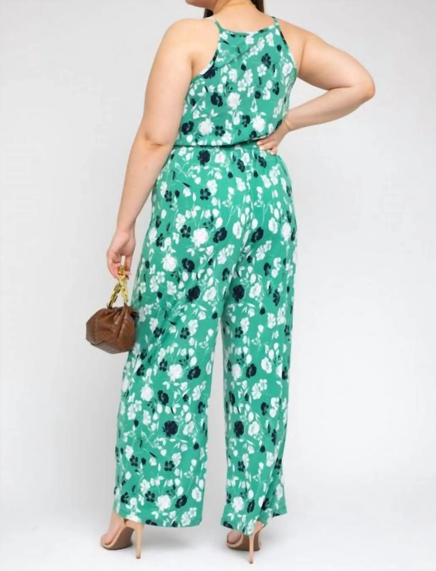 Plus Surplice Elastic Waist Jumpsuit In Green Ivory Flowers