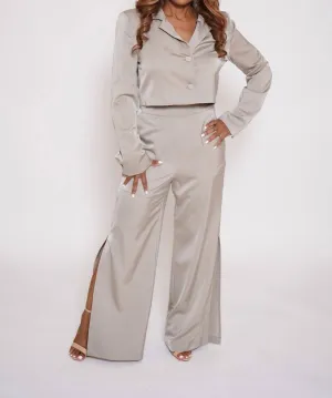 Satin Crop Blazer Two Piece Set In Grey