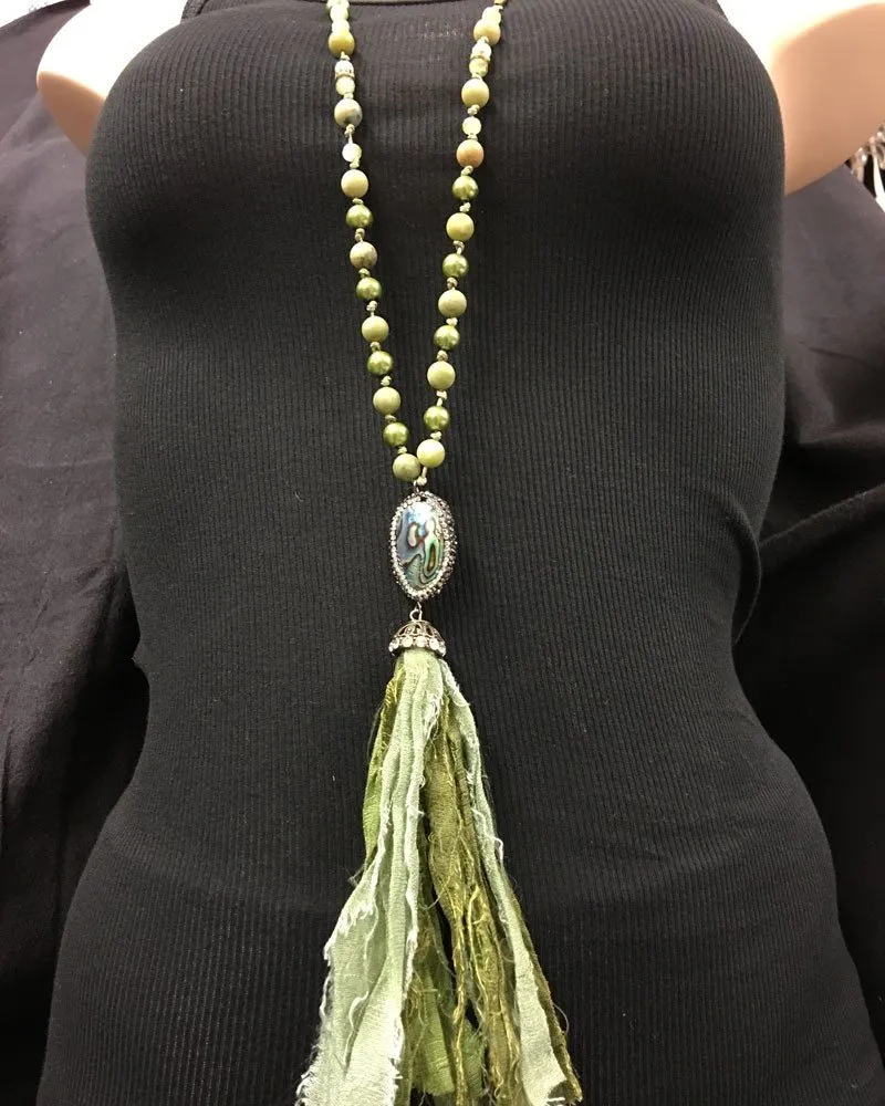 Shabby Chic Abalone Fabric Tassel Necklace
