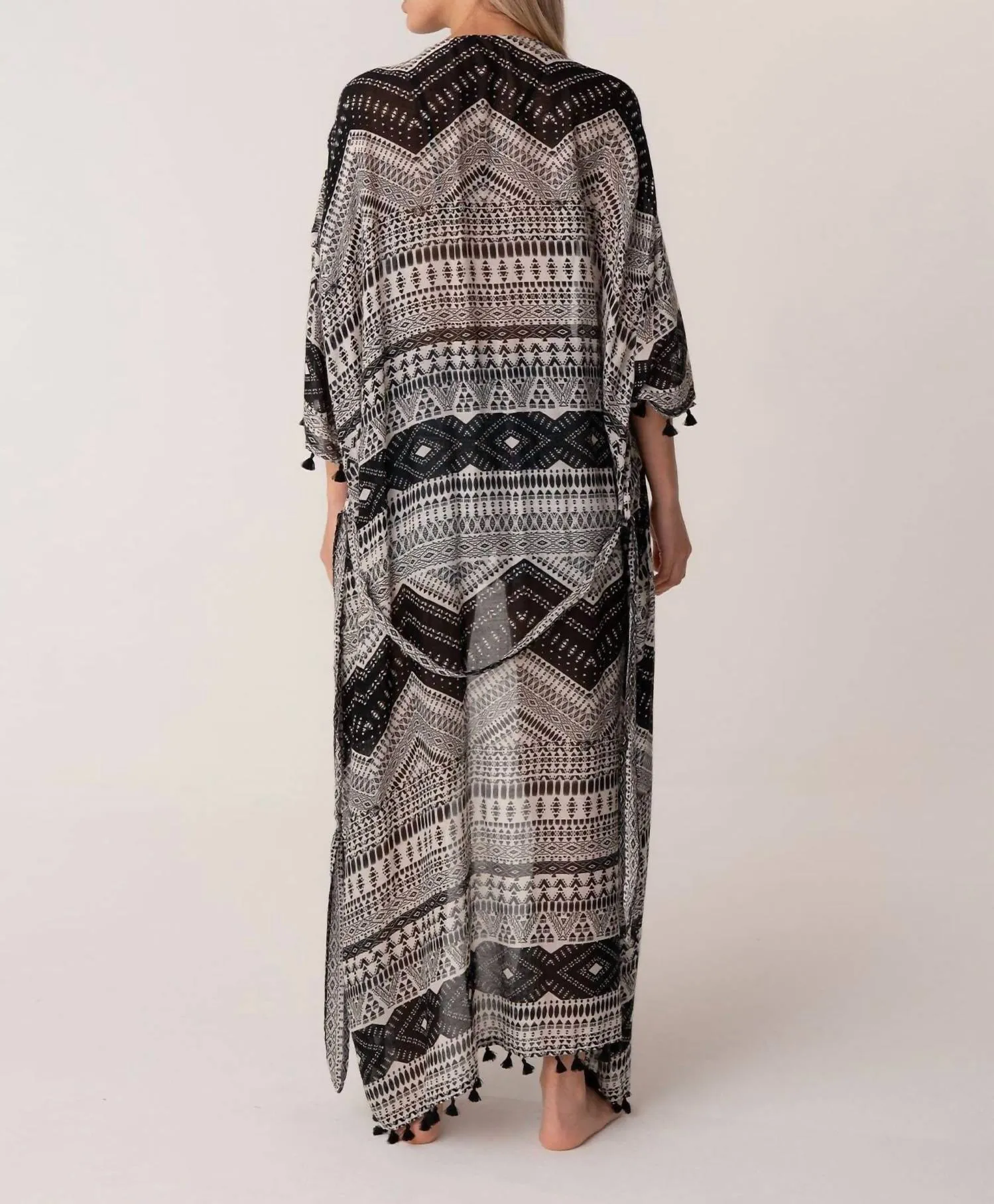 Sheer Boho 3/4 Sleeve Kimono In Black/natural