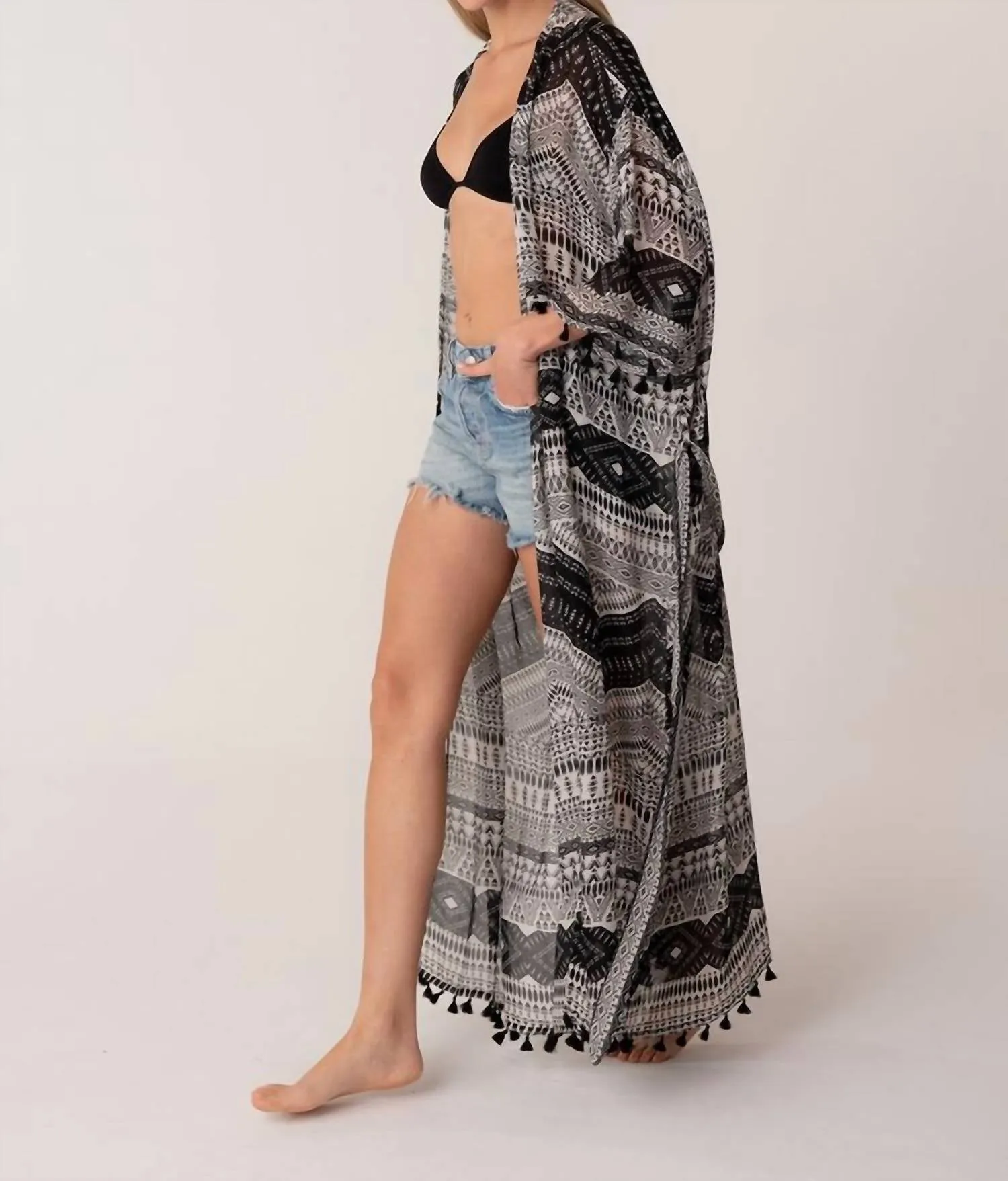 Sheer Boho 3/4 Sleeve Kimono In Black/natural