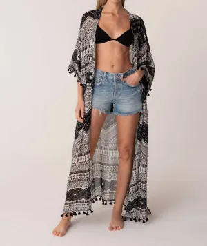 Sheer Boho 3/4 Sleeve Kimono In Black/natural