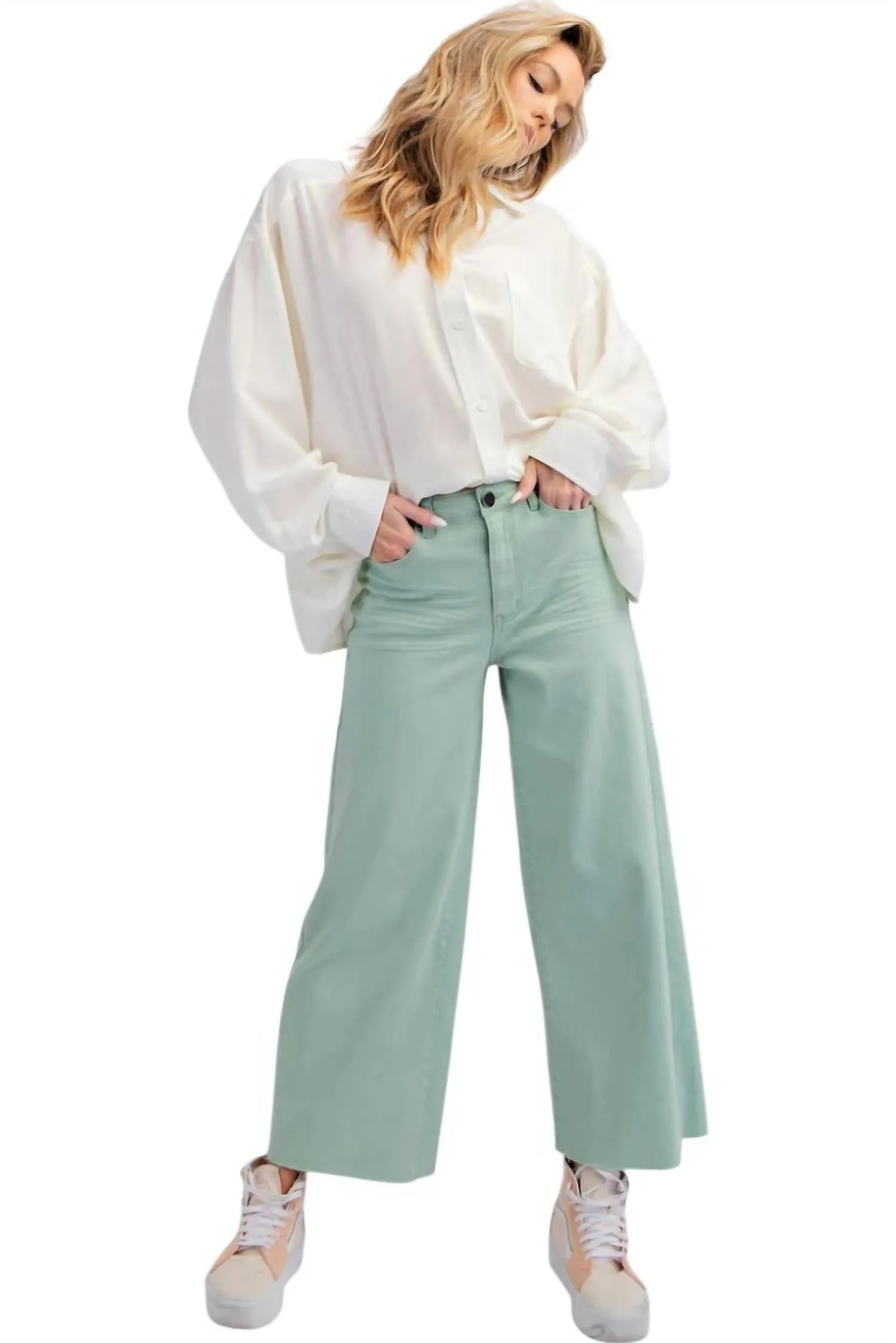 Soft Stretch High Waisted Twill Pants In Mint Sage