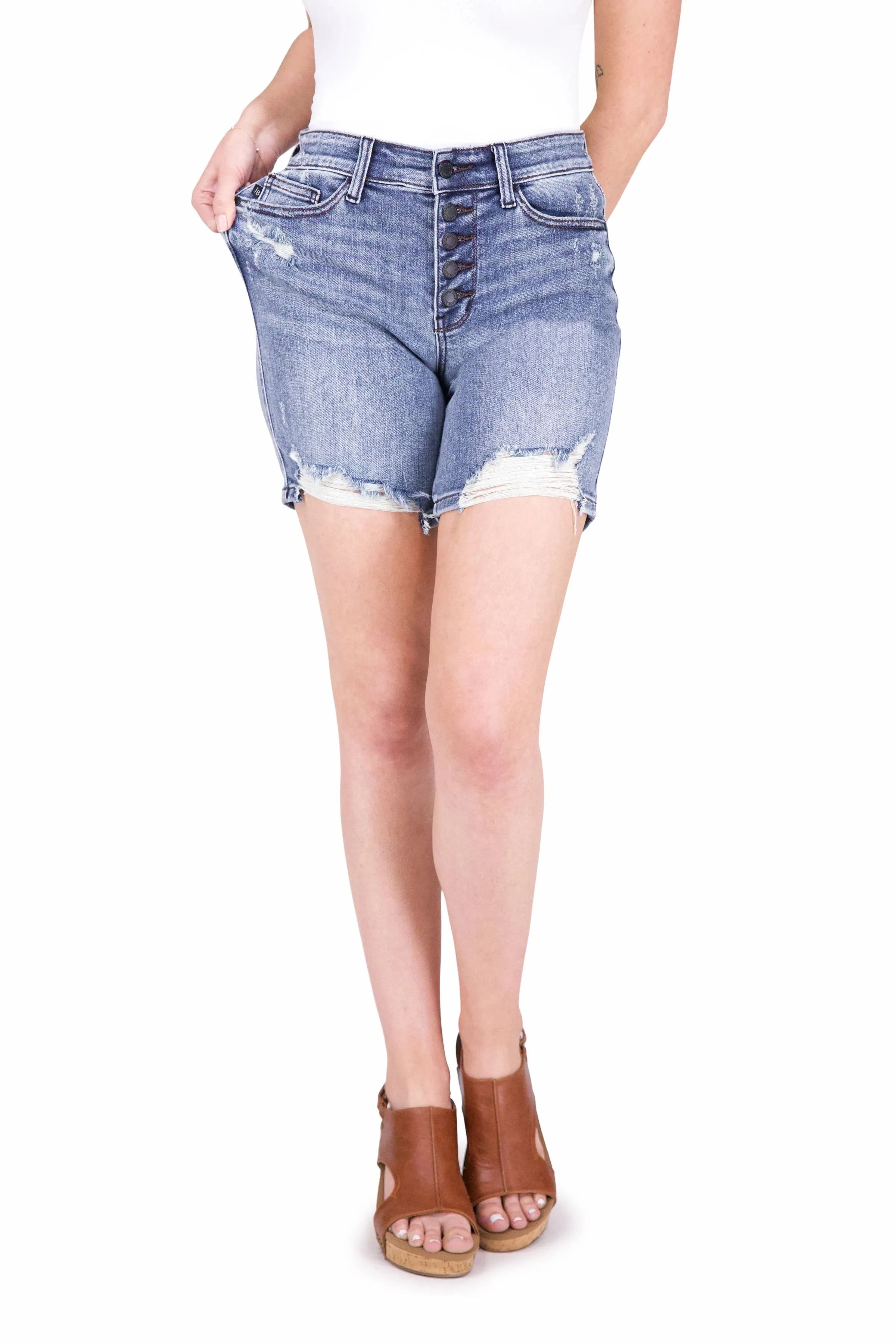 The Luna from Judy Blue: Mid-Rise Button Fly Destroyed Hem Denim Shorts