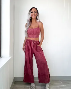 Up Next Raw Hem Wide Leg Pants - Burgundy
