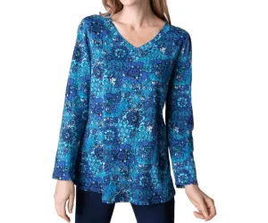 V-Neck Cotton Tunic In French Floral In Sapphire