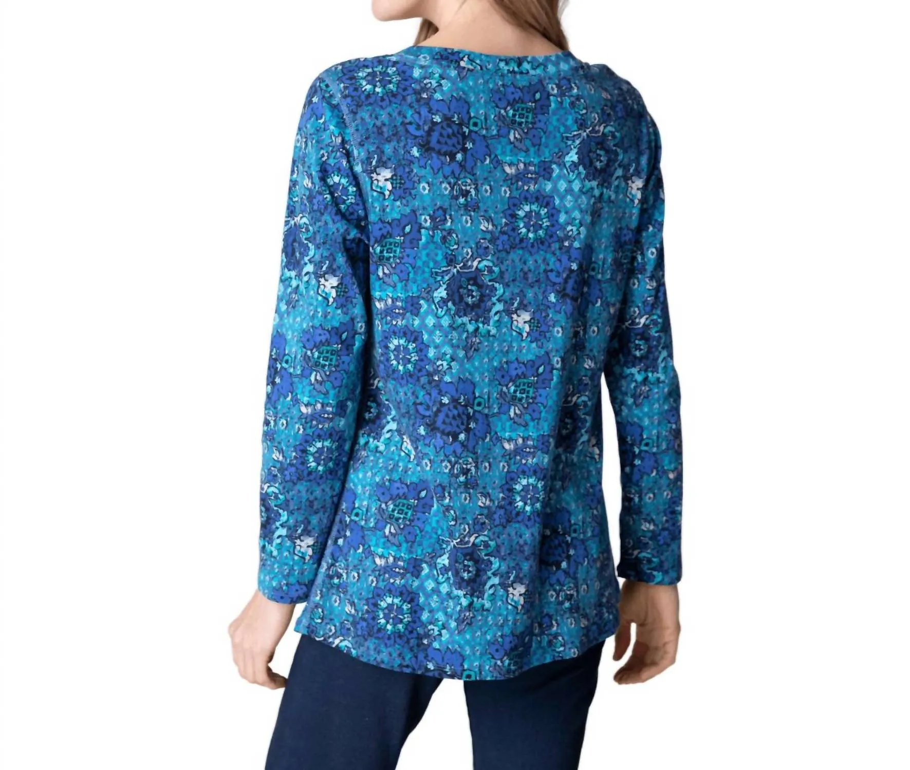 V-Neck Cotton Tunic In French Floral In Sapphire