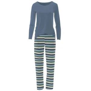 Women's Long Sleeve Tee & Pajama Pants Set In Snowy Stripe