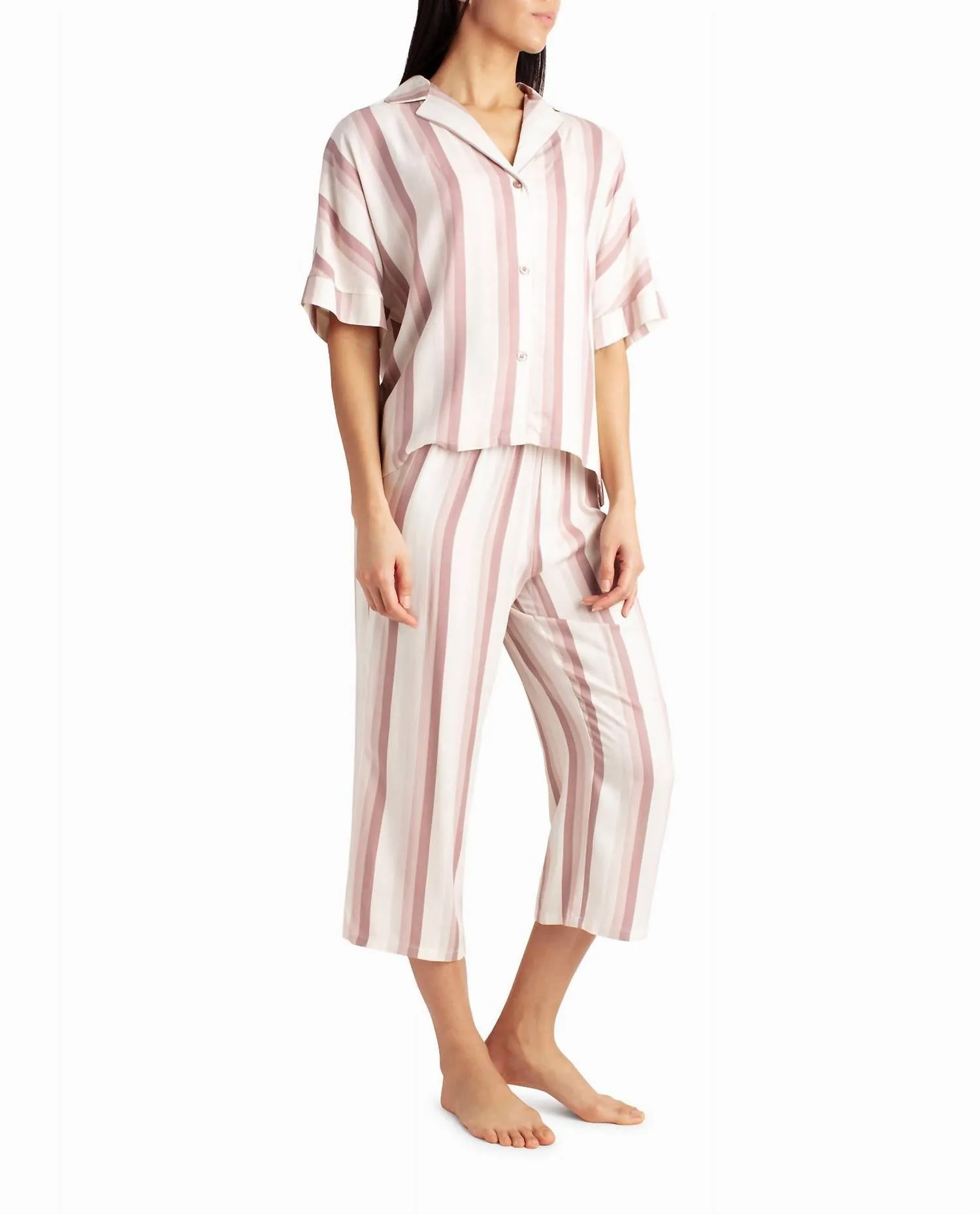 Woven Shirt And Capri Two-Piece Sleepwear Set In Dune Textured Block Stripe