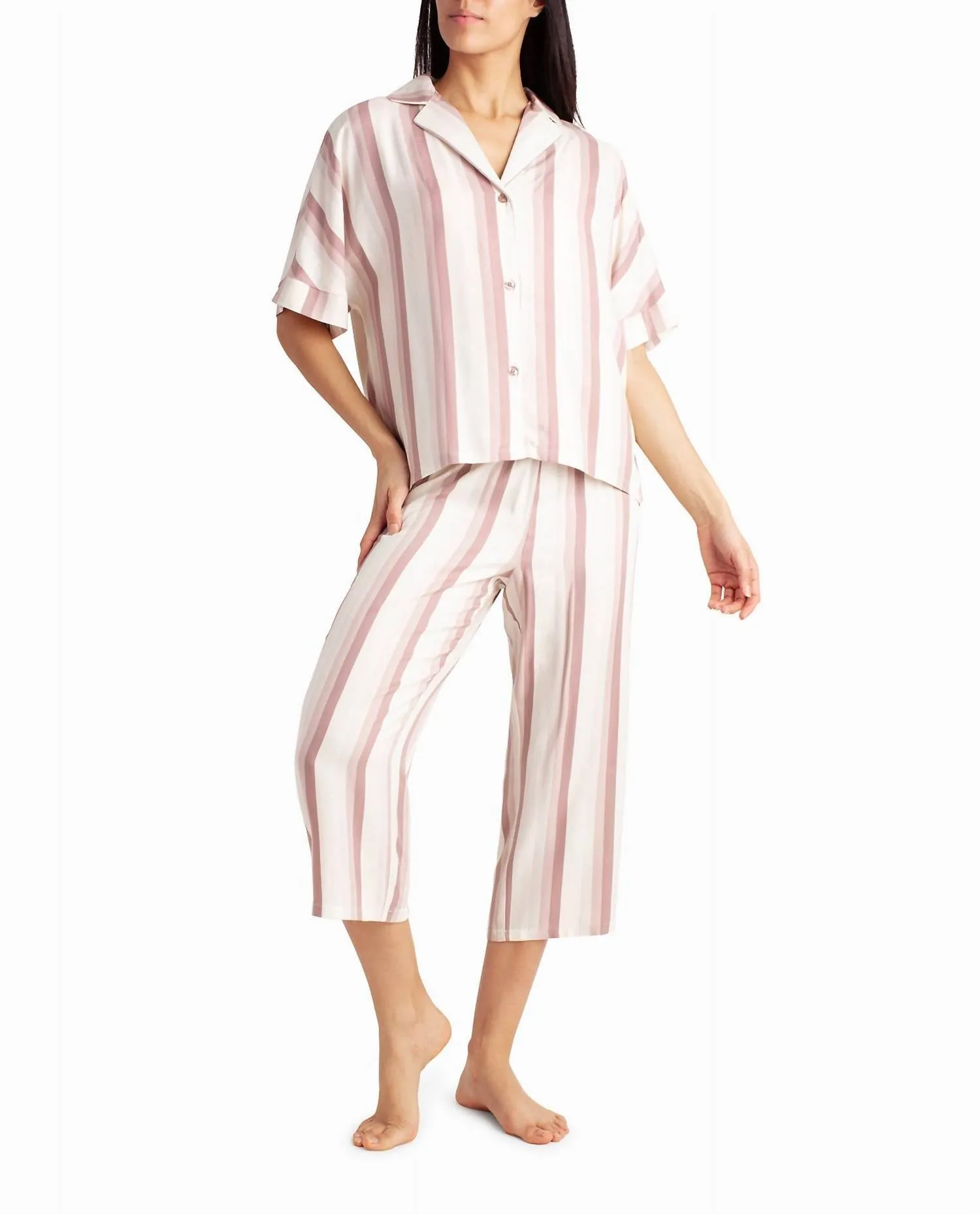 Woven Shirt And Capri Two-Piece Sleepwear Set In Dune Textured Block Stripe