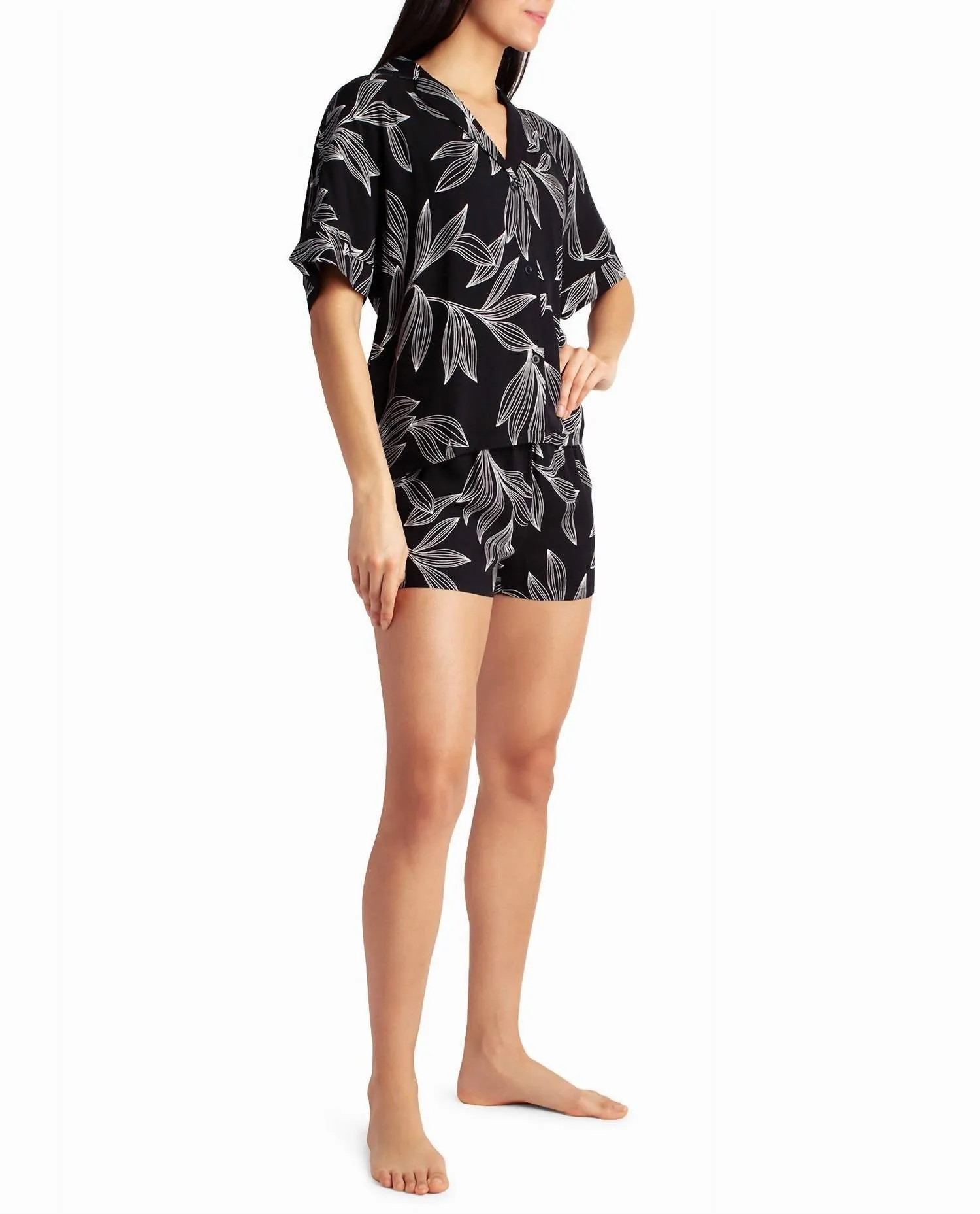 Woven Shirt And Short Two-Piece Sleepwear Set In Black Leaf