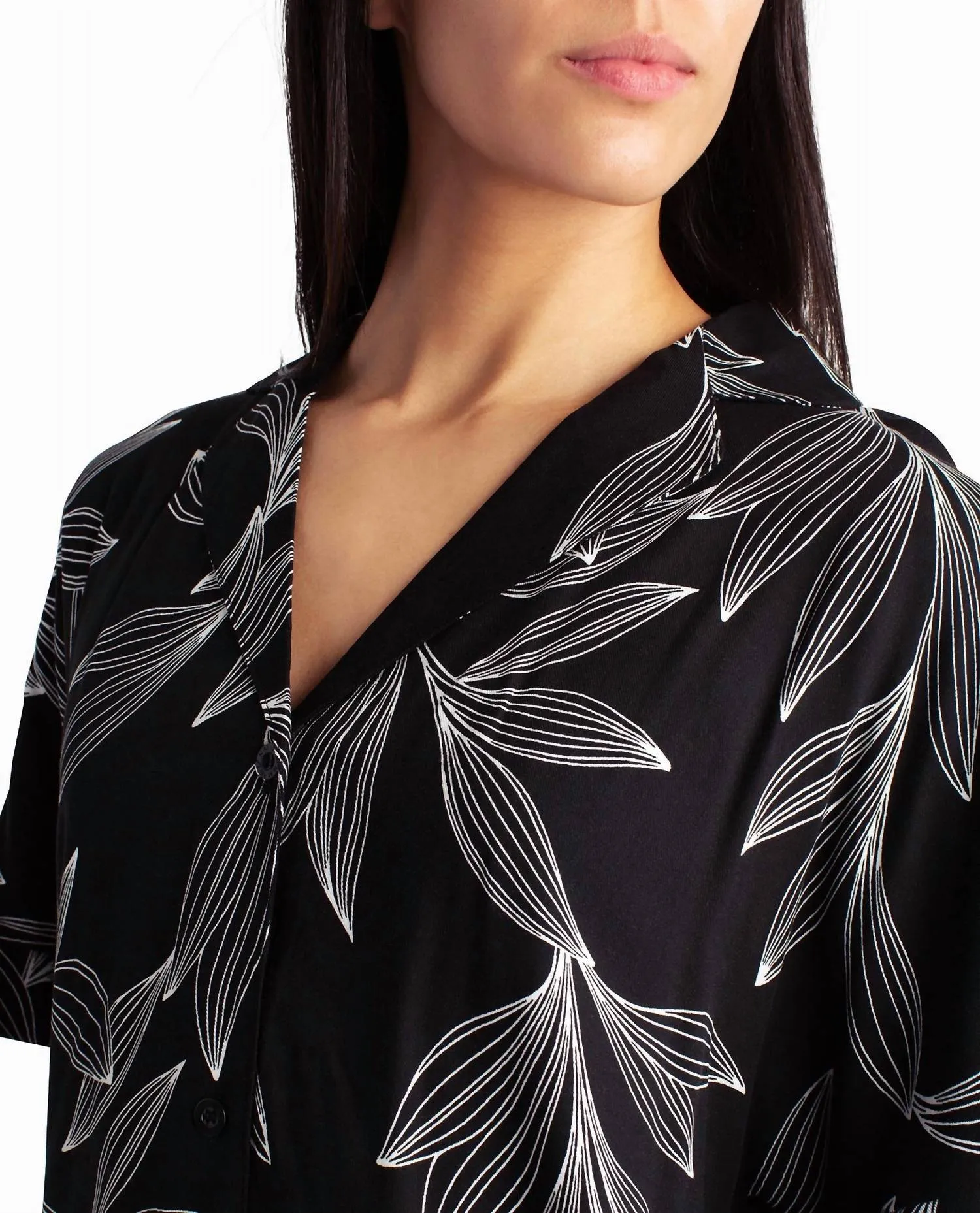 Woven Shirt And Short Two-Piece Sleepwear Set In Black Leaf