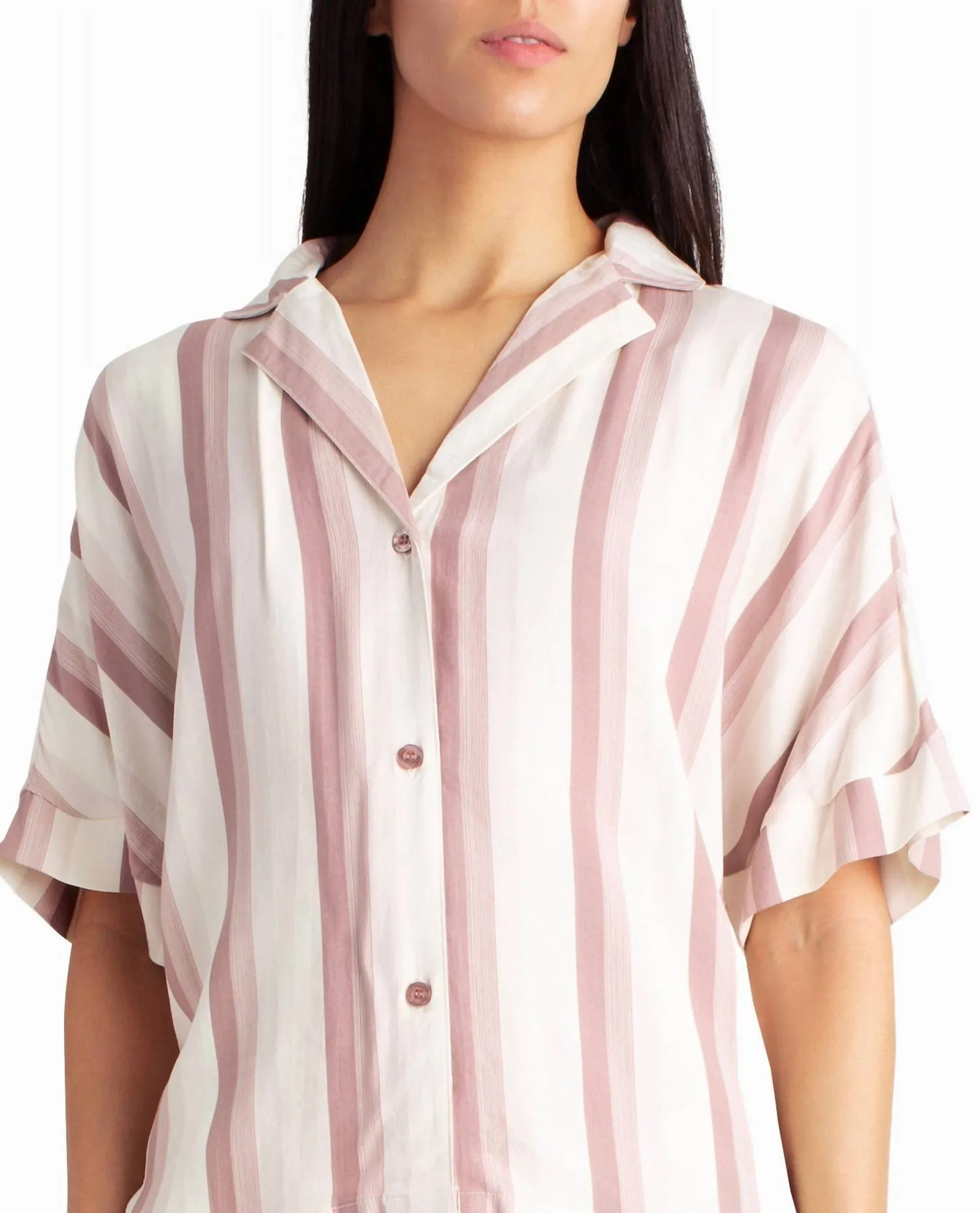 Woven Shirt And Short Two-Piece Sleepwear Set In Dune Textured Block Stripe