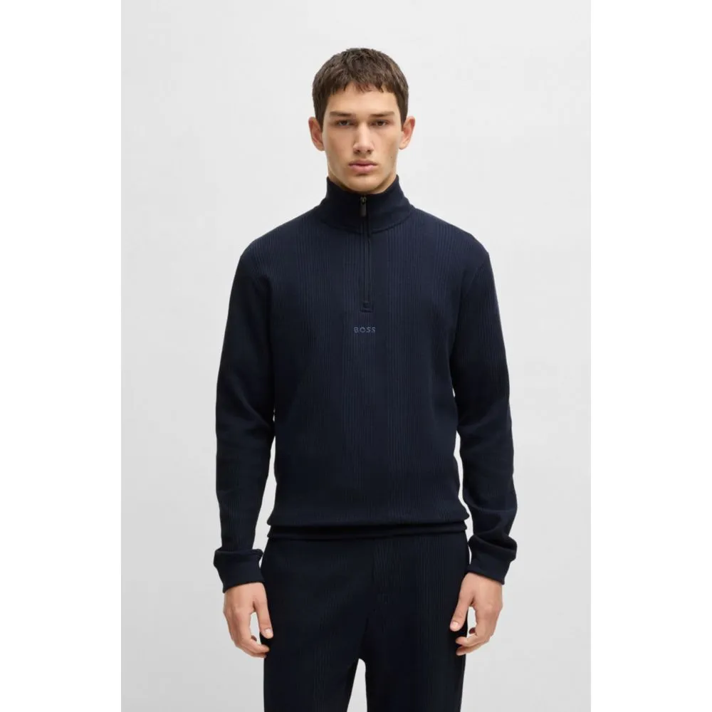 Zip-neck sweater in a waffle-structured cotton